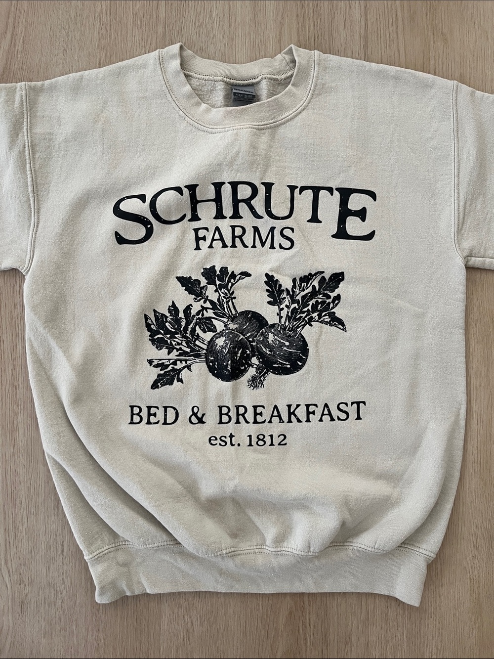 The Office Schrute Farms Bed & Breakfast Crew Neck Sweater in Beige Tan Small